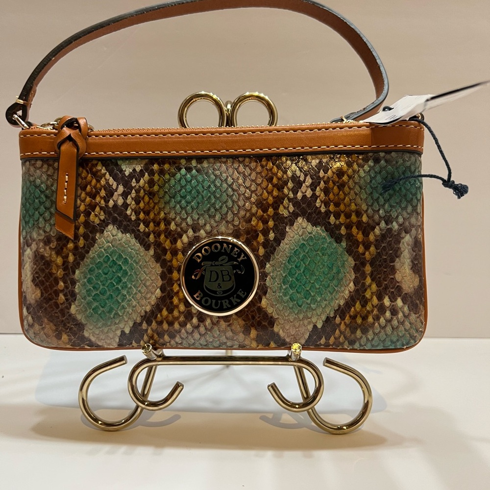 Dooney & Bourke Tan and Green Snake Print Clutch - Picture 4 of 13